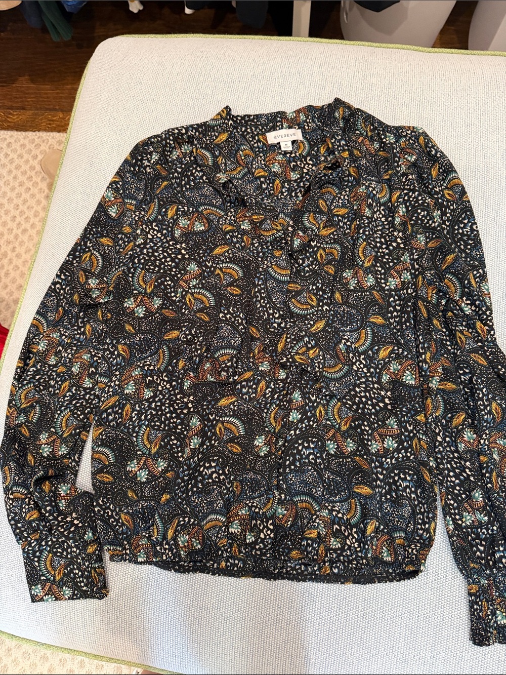 Evereve Black Blouse with Teal & Mustard Paisley Print